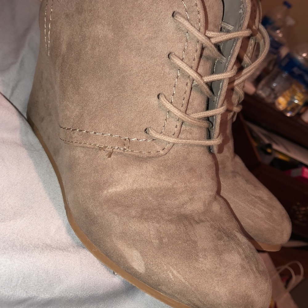 Tan tie up bottie wedges
